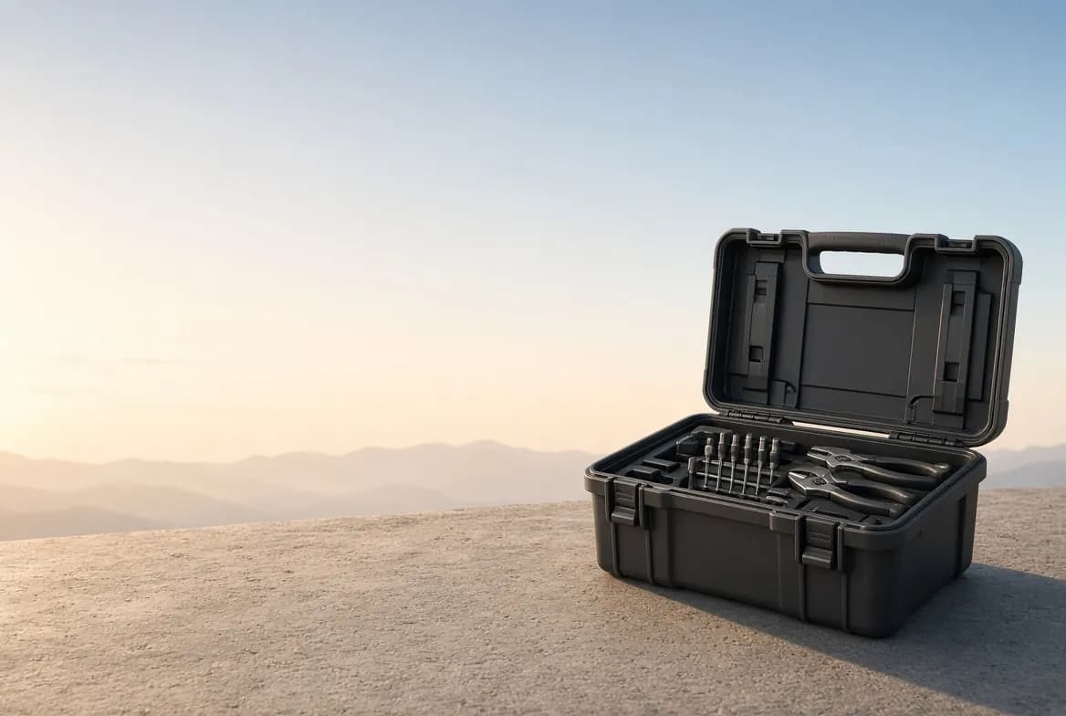An open toolbox standing in soft morning light