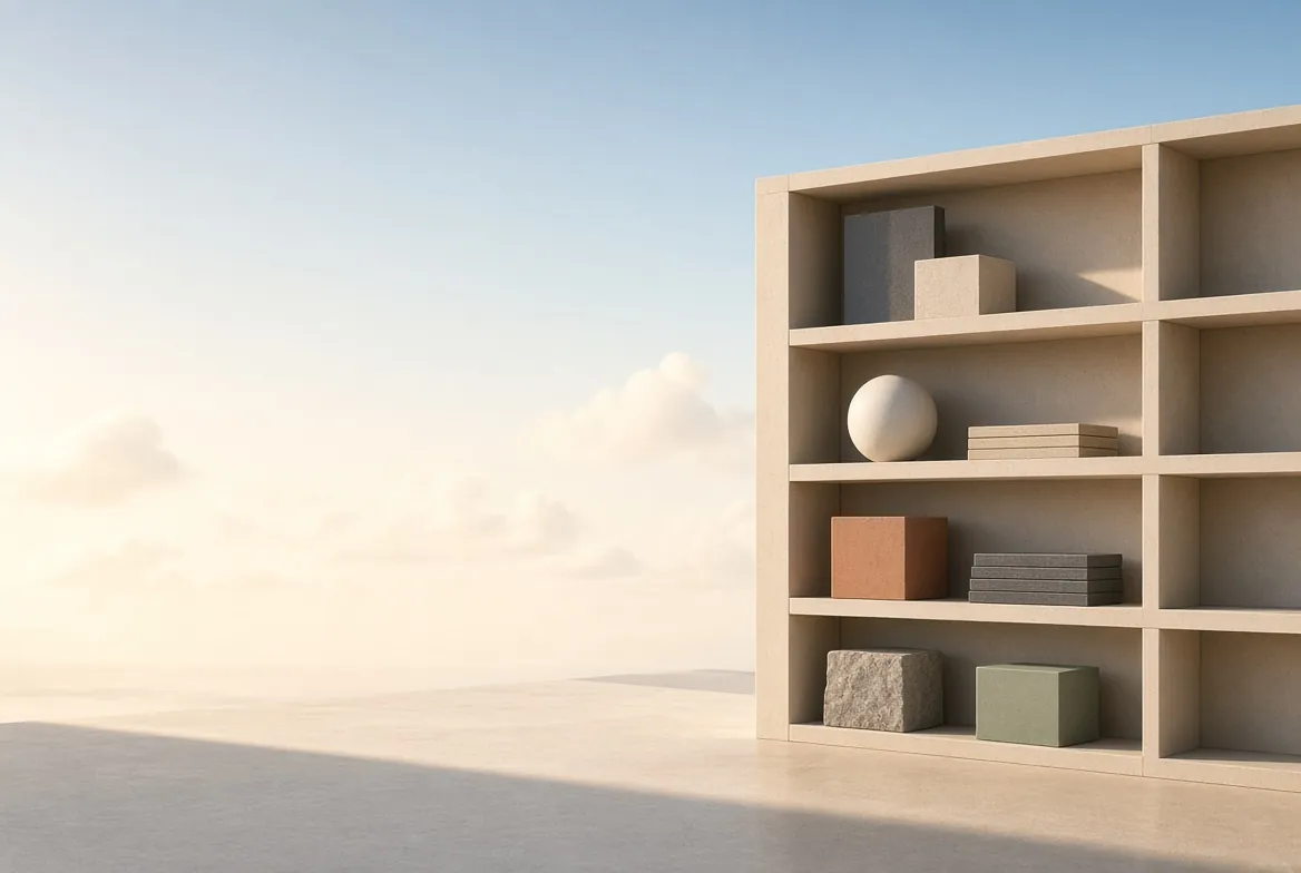 A tidy shelf with neatly arranged objects in morning light