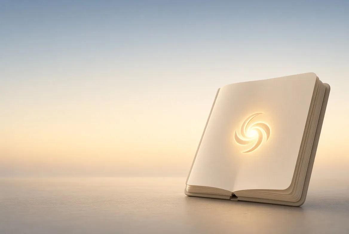An open book with a soft glowing symbol in morning light