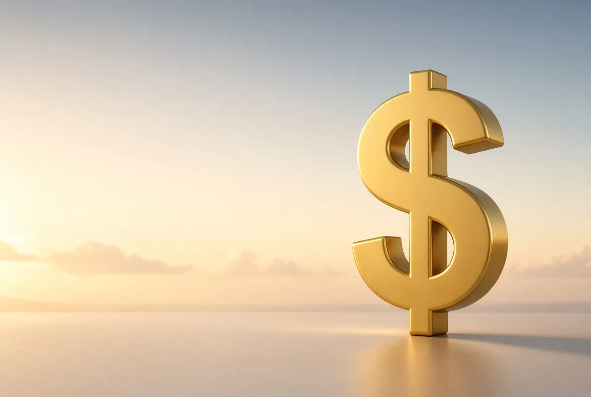 A golden dollar sign standing in warm morning light