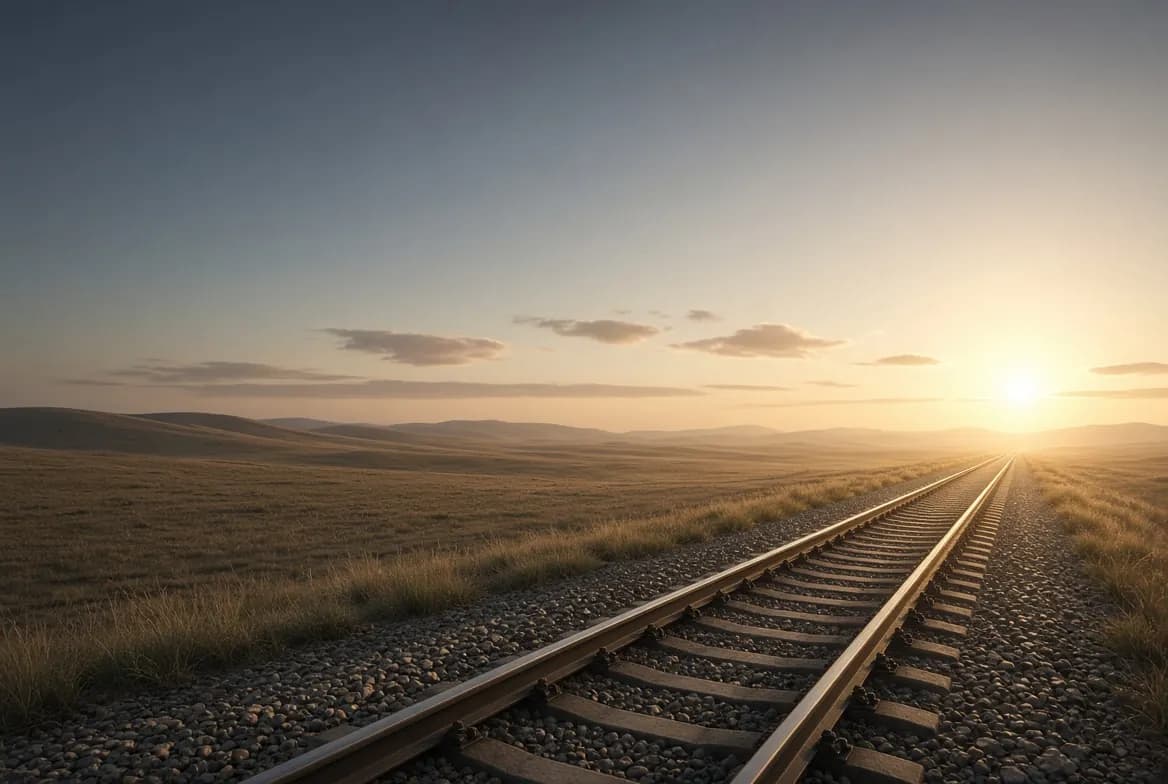 Railway tracks running straight toward a sunrise