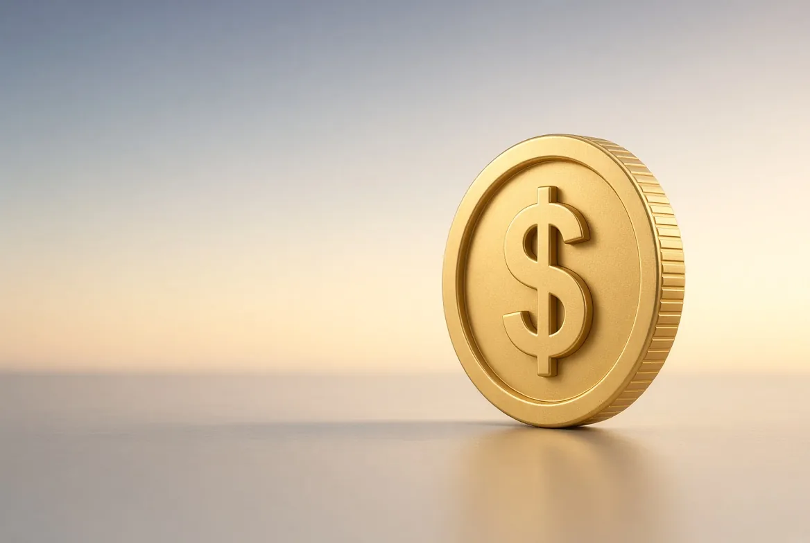 A golden dollar coin in warm light