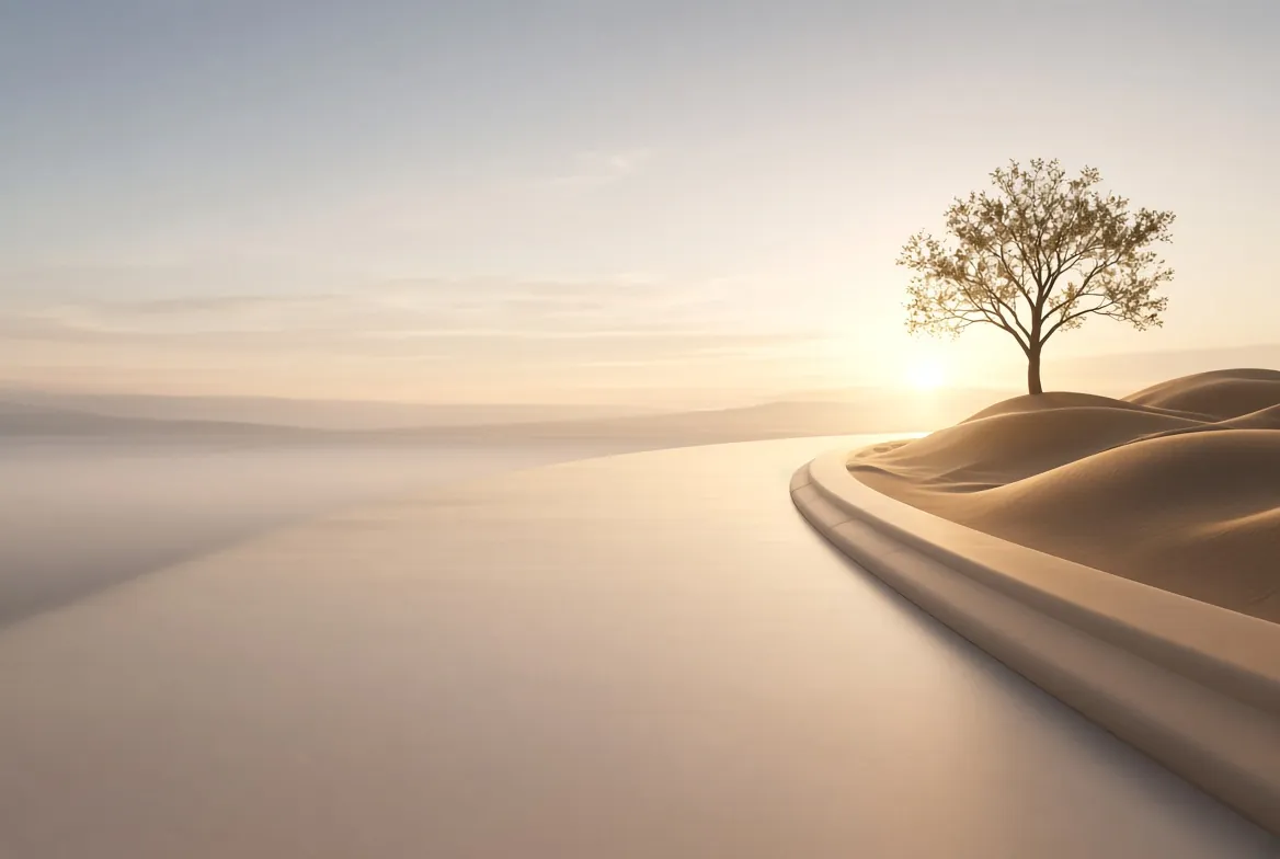 A calm path curving toward a lone tree at sunrise